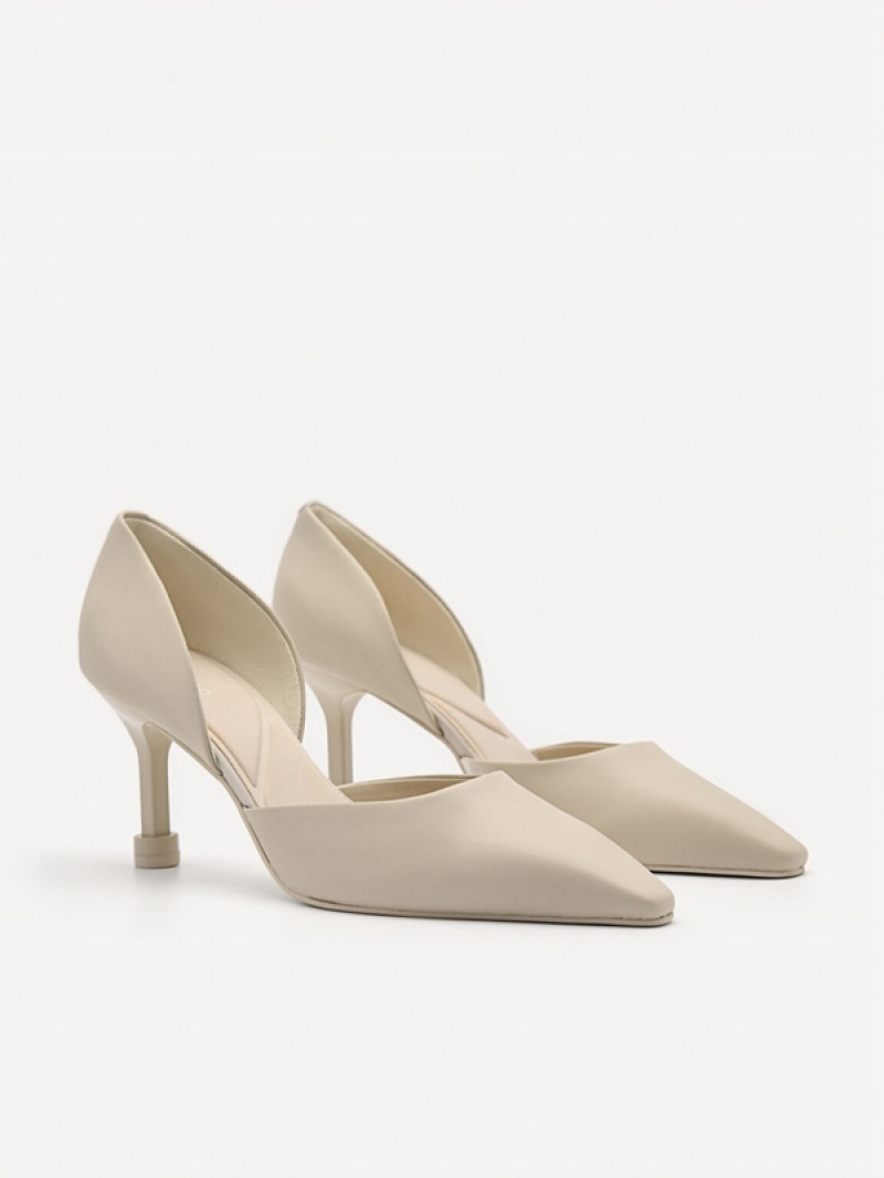 Beige Women's Pedro Bianca Leather D'Orsay Pumps | PQVRKS-093