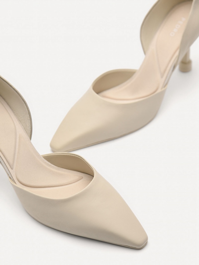 Beige Women's Pedro Bianca Leather D'Orsay Pumps | PQVRKS-093