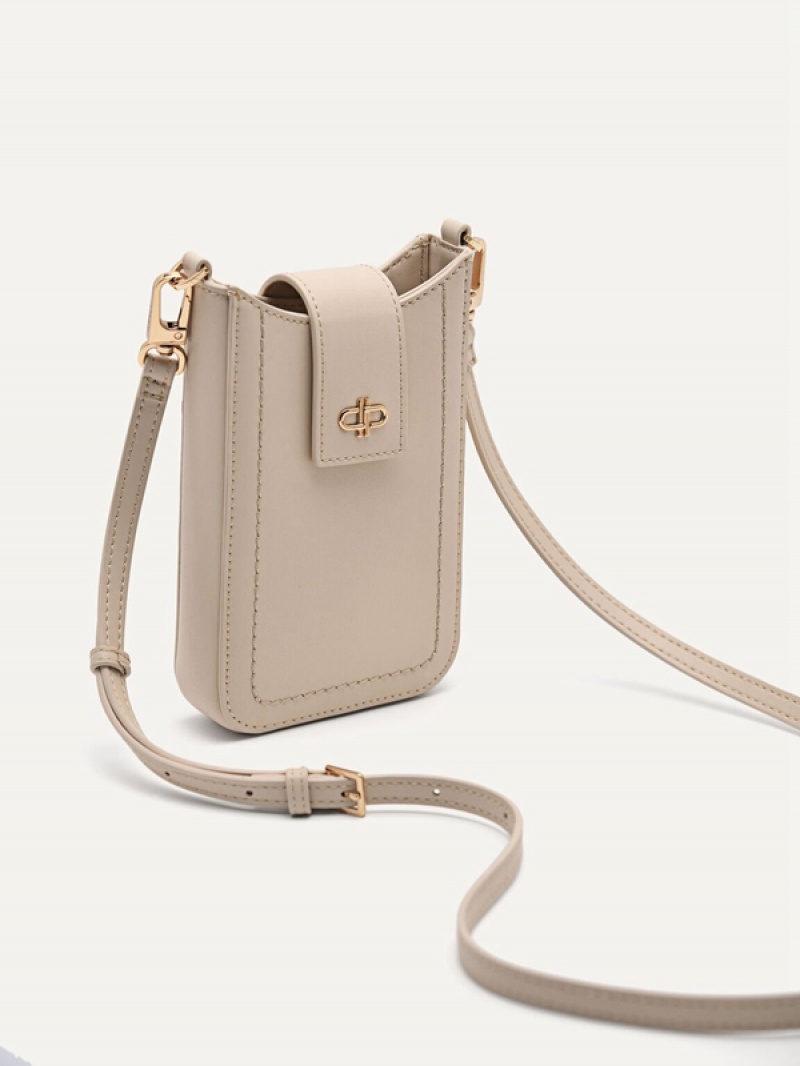 Beige Women's Pedro Icon Leather Phone Pouches | WMNCFQ-571