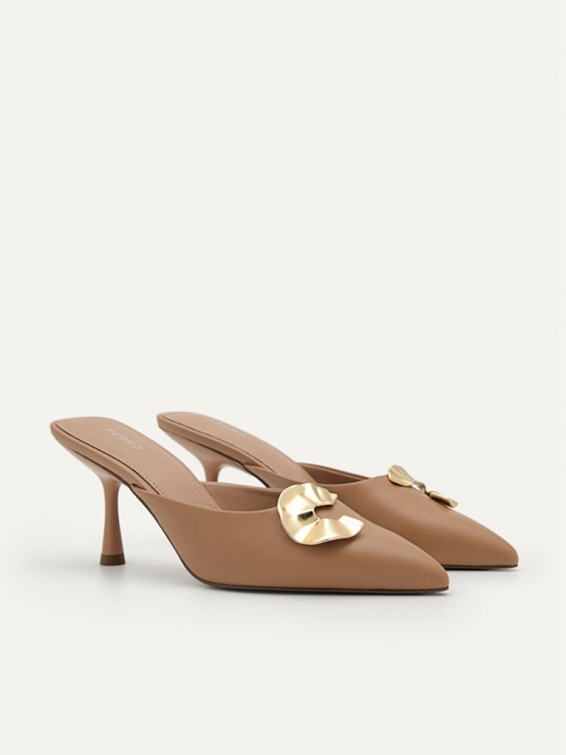 Beige Women's Pedro Iris Leather Heel Mules | GEUZPI-374