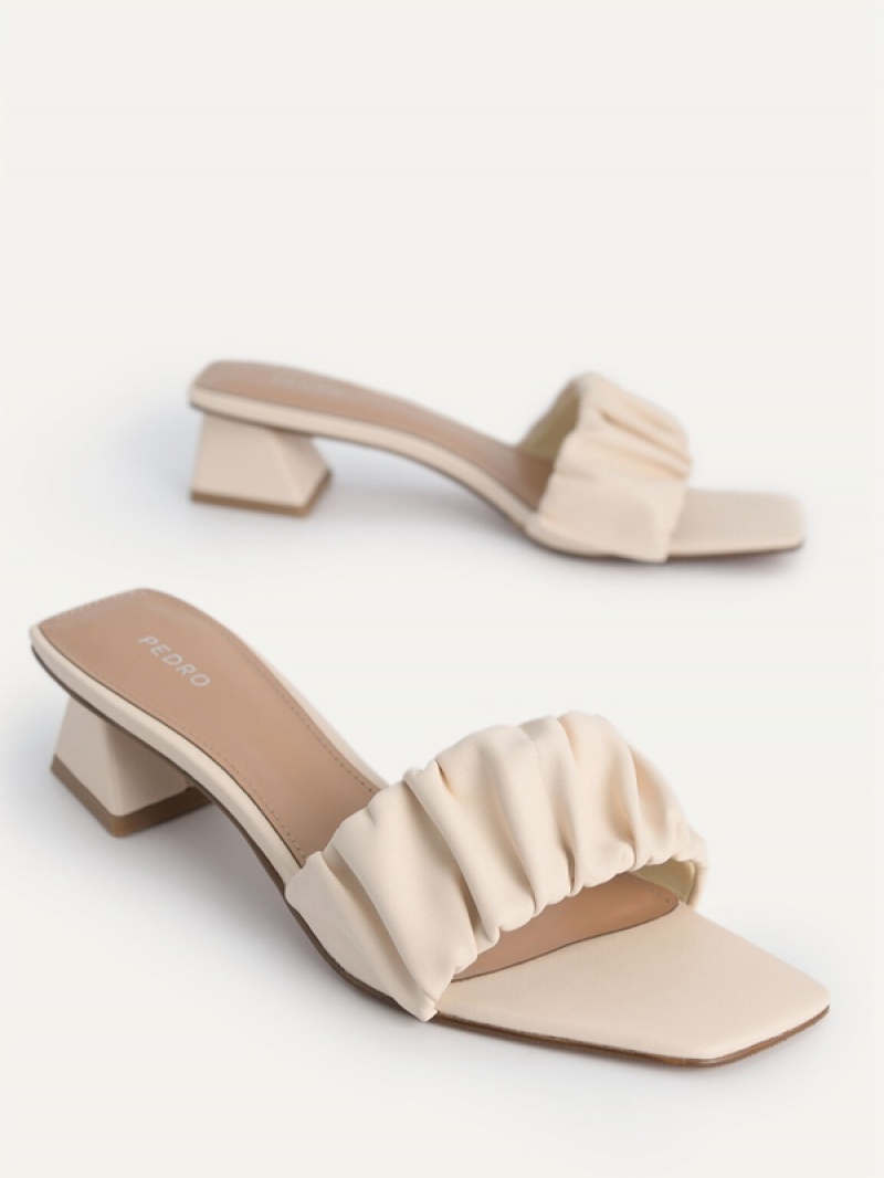 Beige Women's Pedro Ruched Heel Mules | INMSJH-306