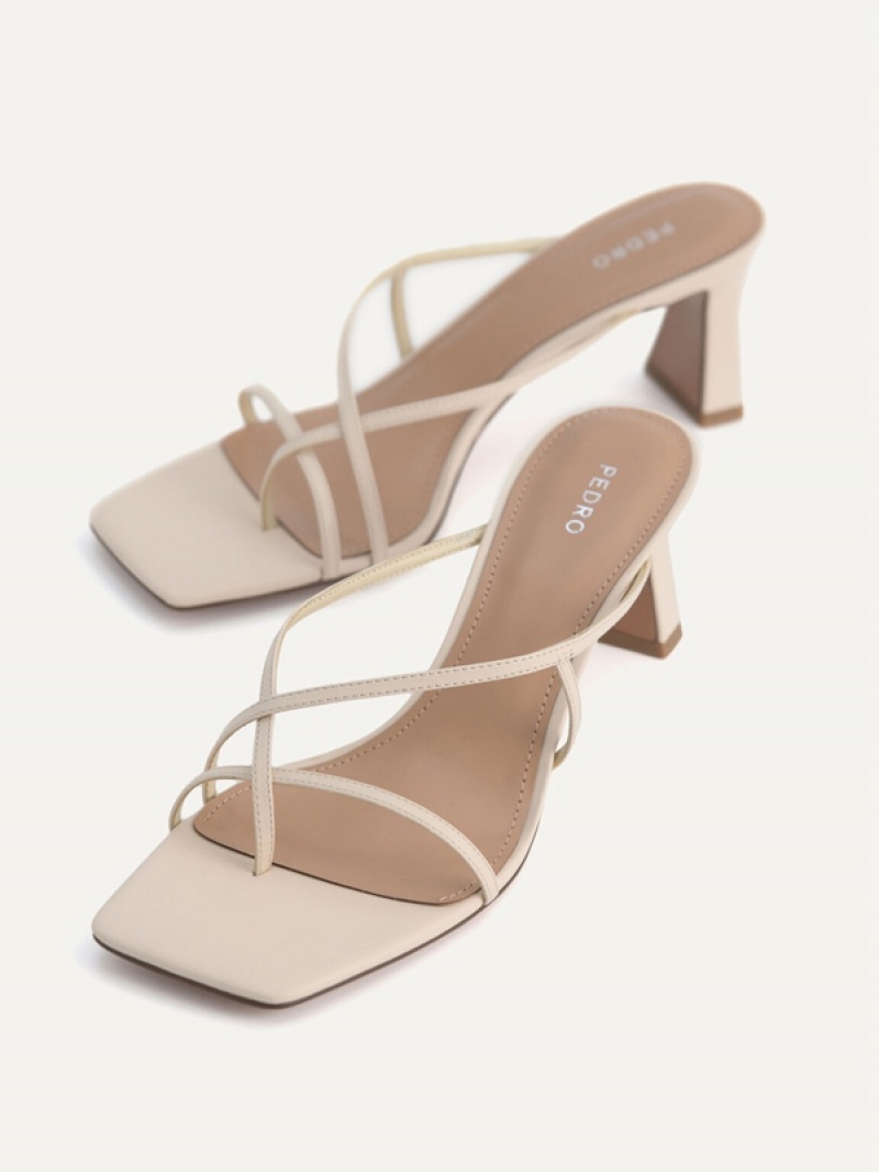 Beige Women's Pedro Strappy Toe Loop Heels Sandals | BFZHUN-837