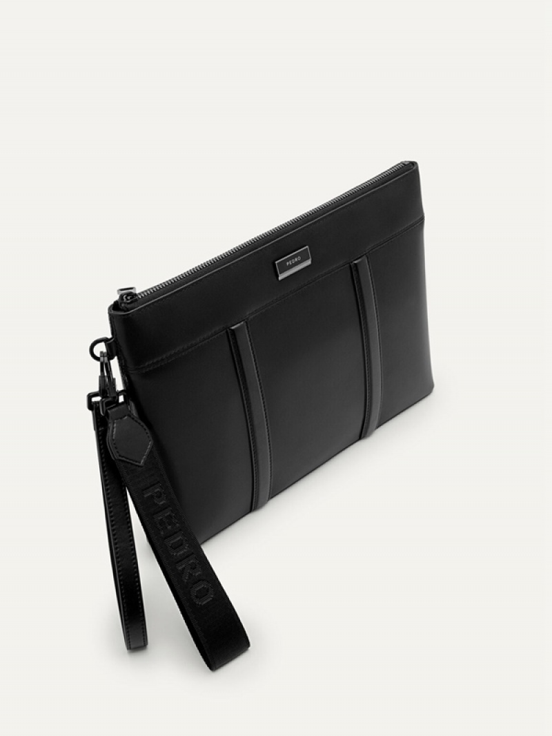 Black Men's Pedro Allen Leather Portfolio Clutch Bag | SGMIBN-397