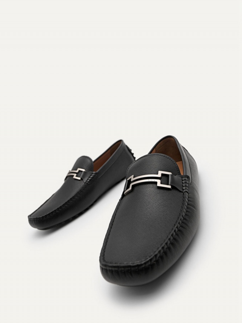 Black Men's Pedro Embossed Bit Moccasins | FYWRSP-714