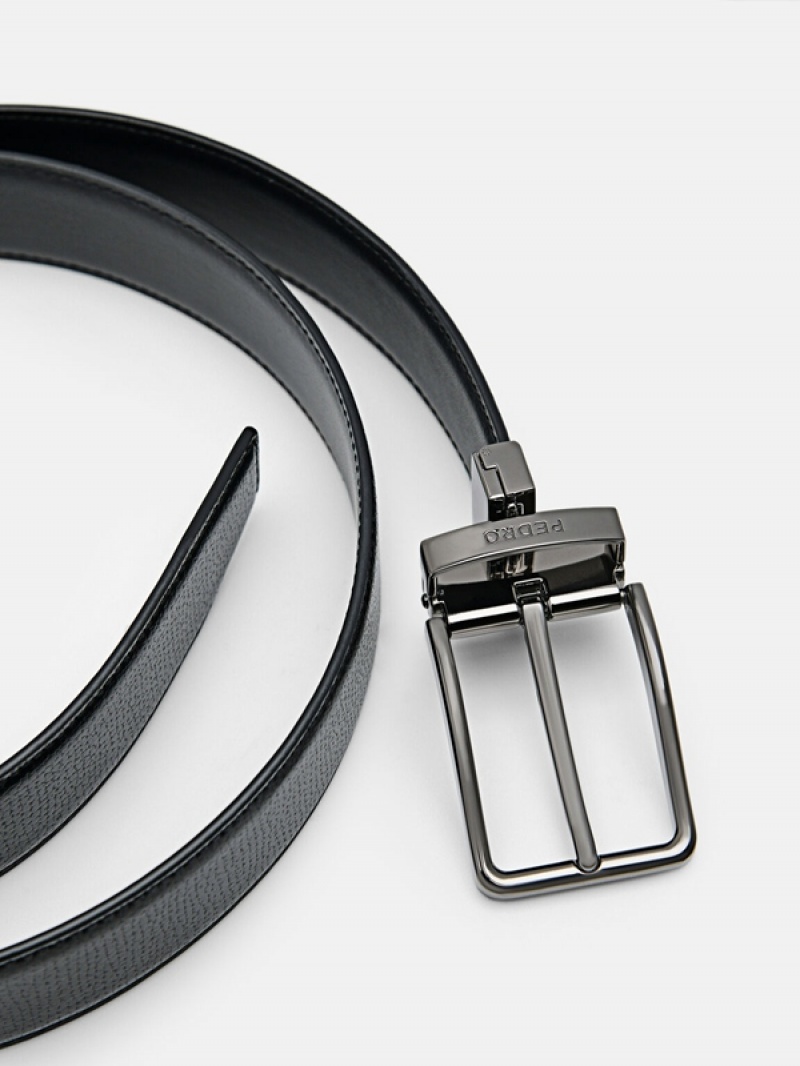 Black Men's Pedro Embossed Leather Reversible Pin Belt | BOKHPQ-027