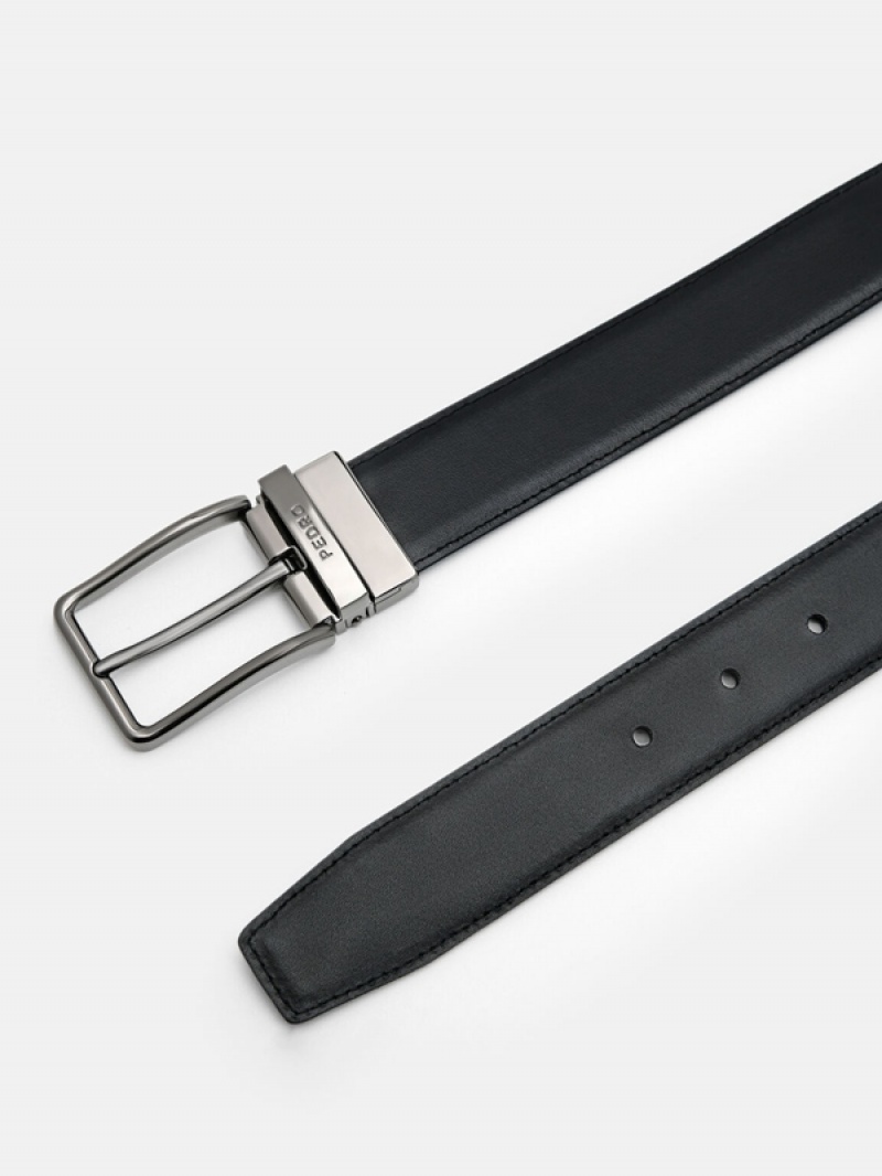 Black Men's Pedro Embossed Leather Reversible Pin Belt | BOKHPQ-027