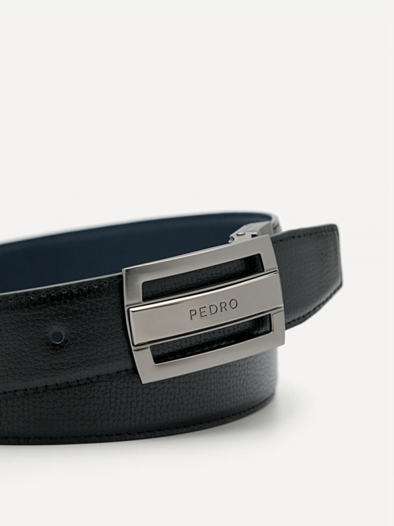 Black Men's Pedro Embossed Leather Reversible Tang Belt | NJVPDM-018