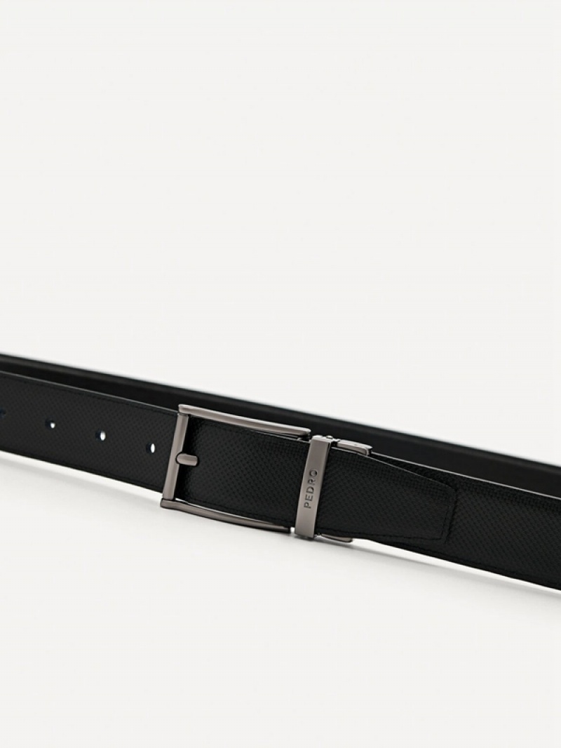 Black Men's Pedro Embossed Leather Reversible Pin Belt | NEKPHG-784