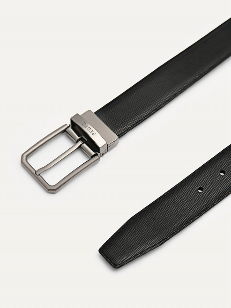 Black Men's Pedro Embossed Leather Reversible Pin Belt | HBOZPJ-308