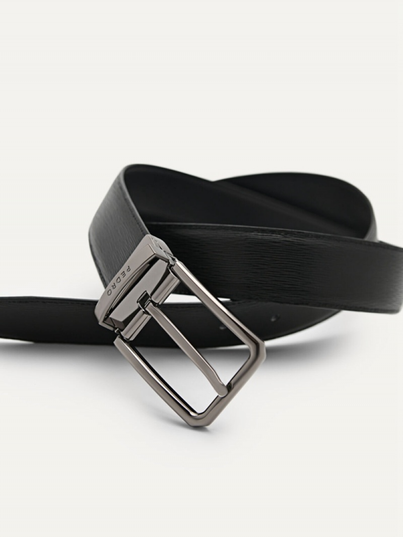 Black Men's Pedro Embossed Leather Reversible Pin Belt | HBOZPJ-308