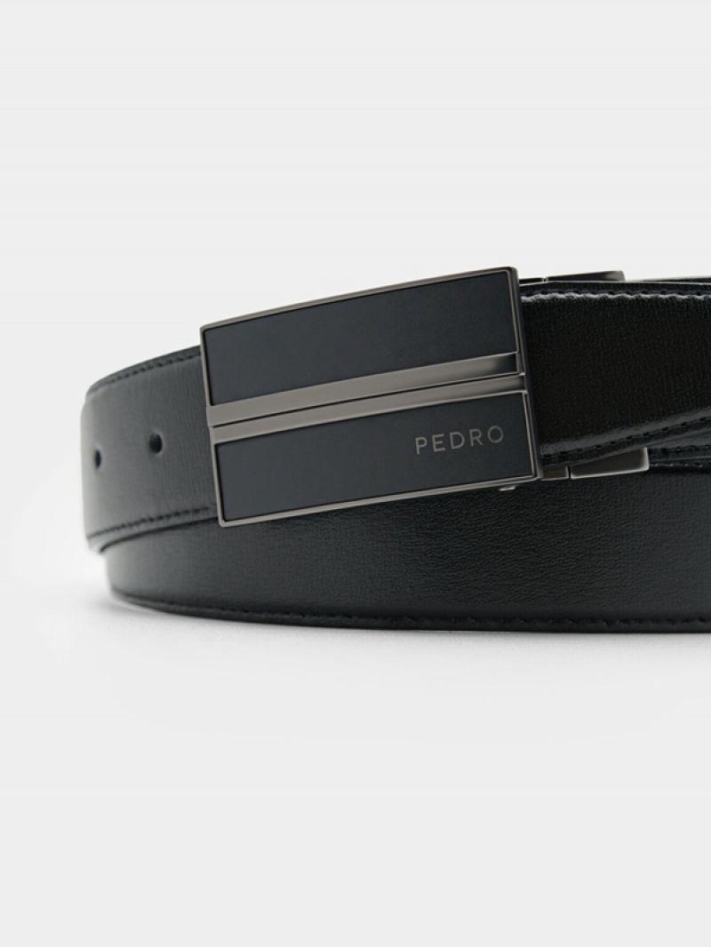 Black Men's Pedro Embossed Leather Reversible Tang Belt | VLKNZJ-628