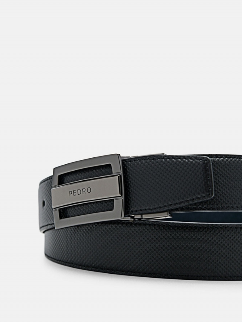 Black Men's Pedro Embossed Leather Reversible Tang Belt | NTQMDO-964