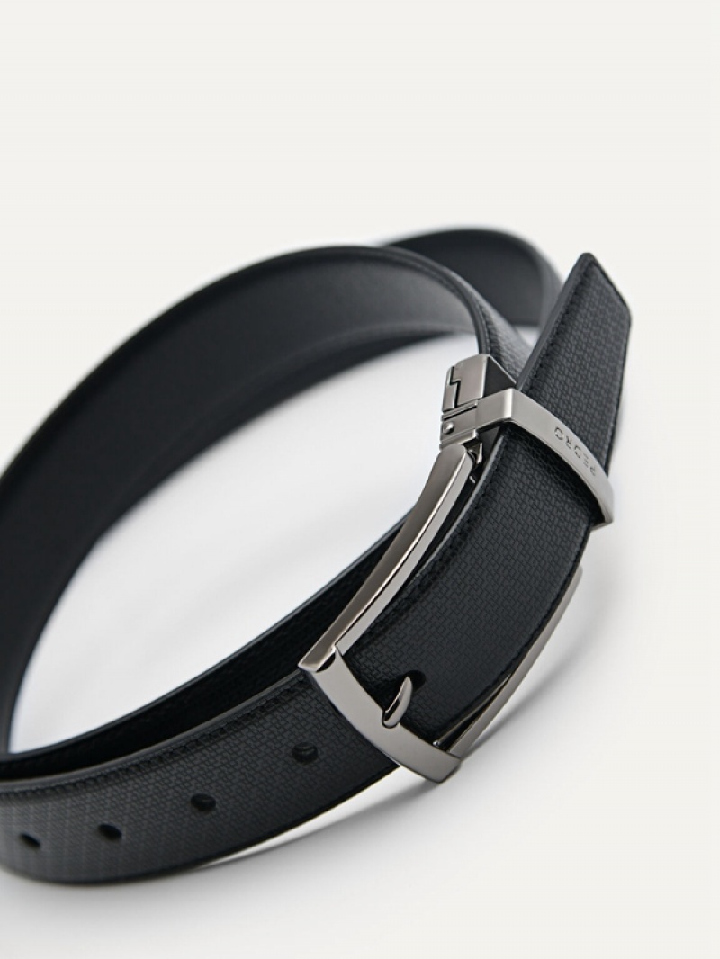 Black Men's Pedro Embossed Leather Reversible Pin Belt | XVLWKS-627