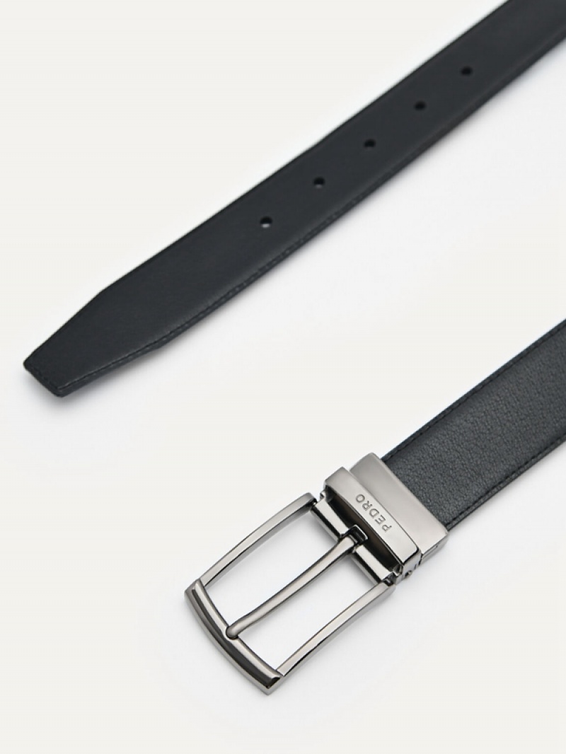 Black Men's Pedro Embossed Leather Reversible Pin Belt | XVLWKS-627