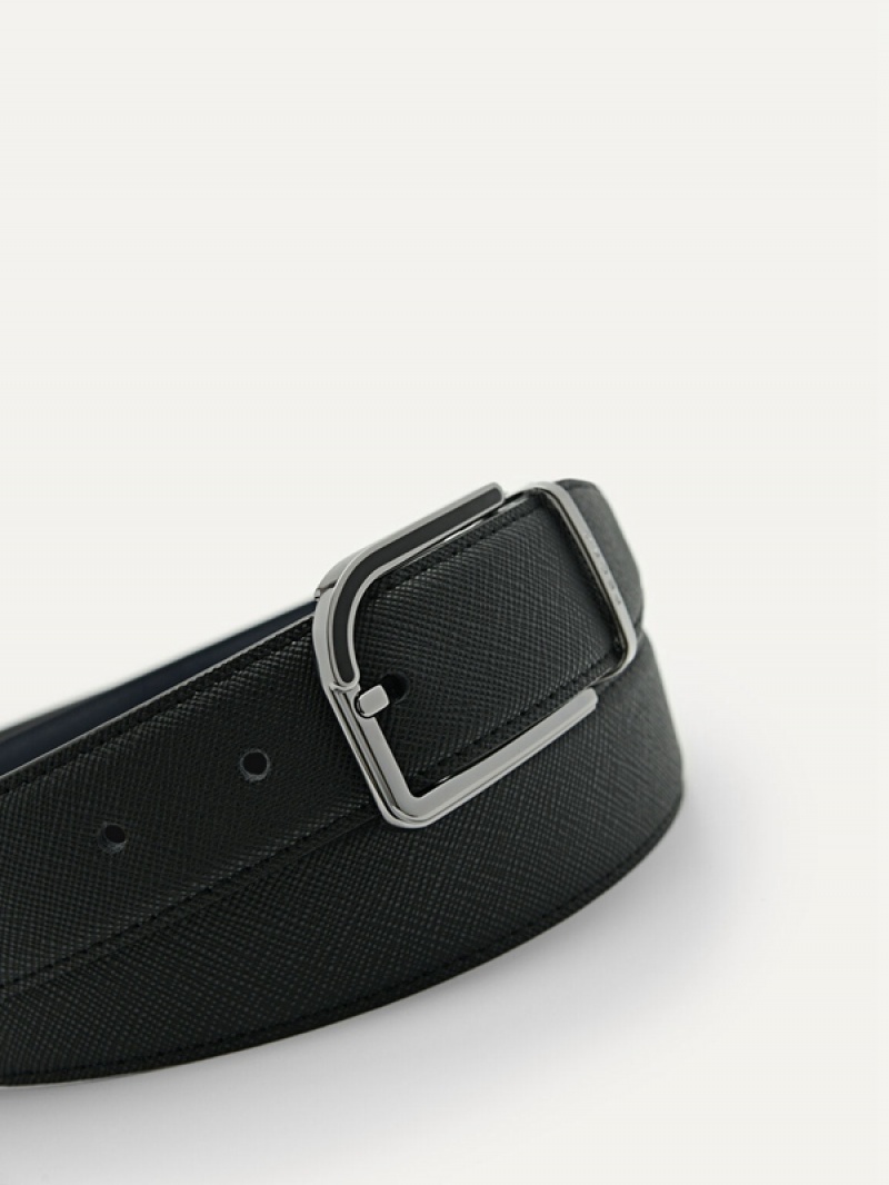 Black Men's Pedro Embossed Leather Reversible Pin Belt | GZTPLW-721