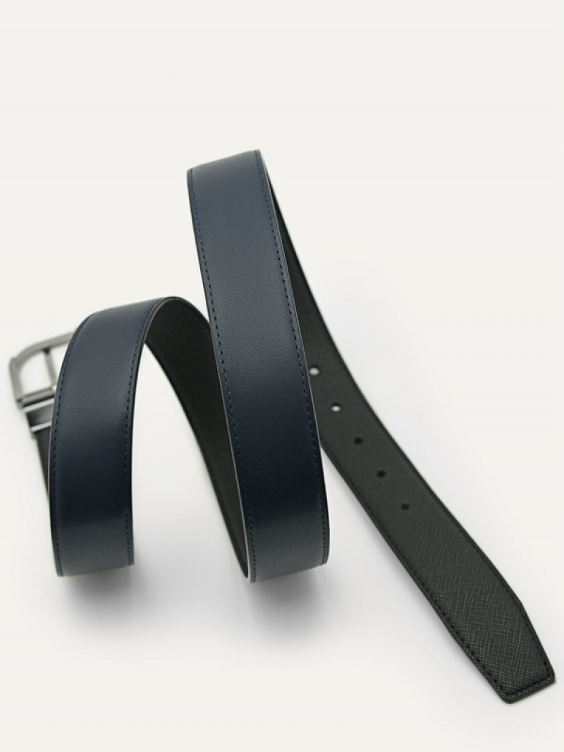 Black Men's Pedro Embossed Leather Reversible Pin Belt | GZTPLW-721