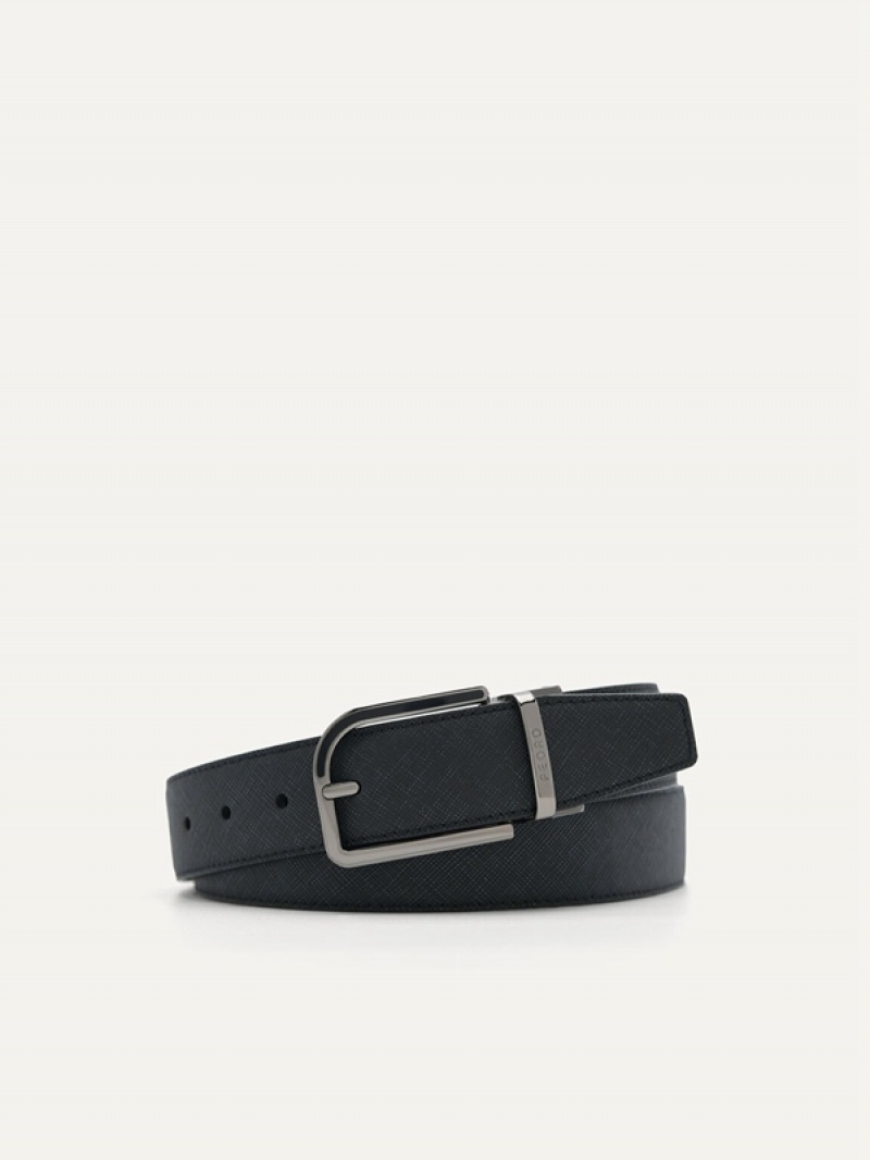 Black Men\'s Pedro Embossed Leather Reversible Pin Belt | GZTPLW-721