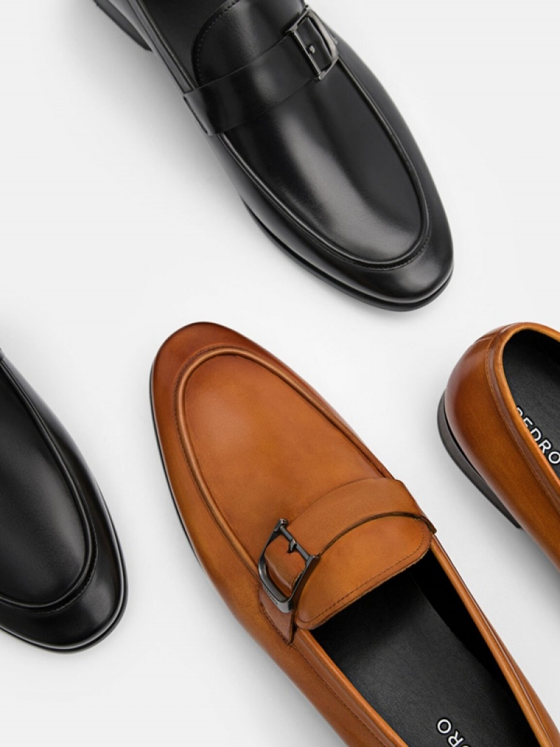 Black Men's Pedro Helix Leather Loafers | FNMQSY-374