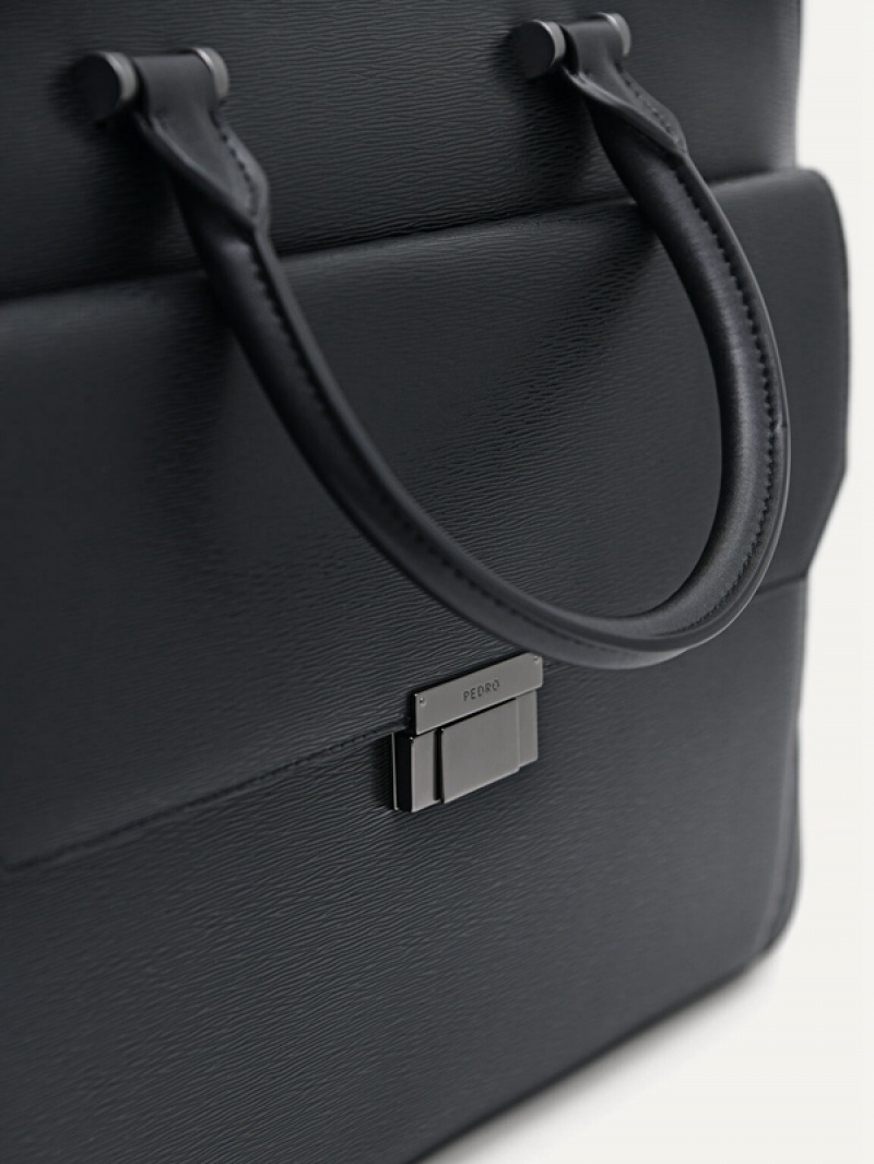 Black Men's Pedro Henry Textured Leather Briefcase | WQSHCA-147