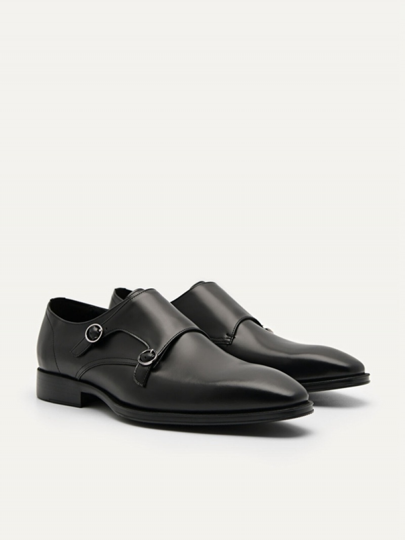 Black Men's Pedro Holly Leather Double Monkstrap Derby Shoes | SZARWH-860