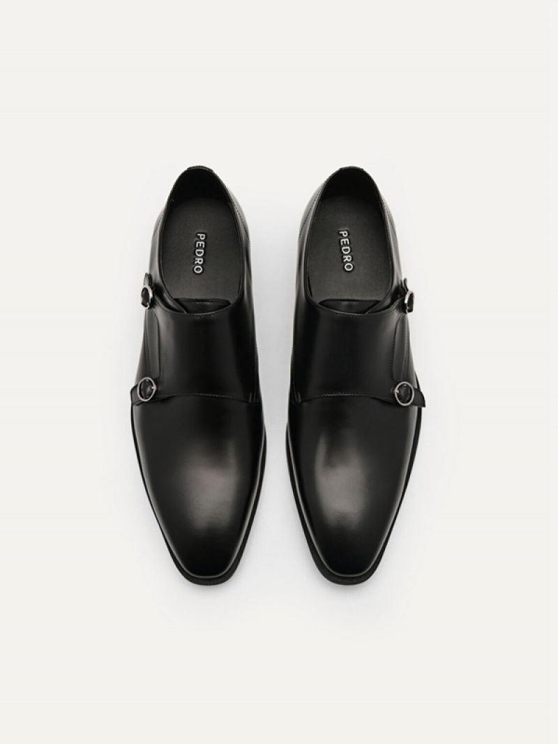 Black Men's Pedro Holly Leather Double Monkstrap Derby Shoes | SZARWH-860