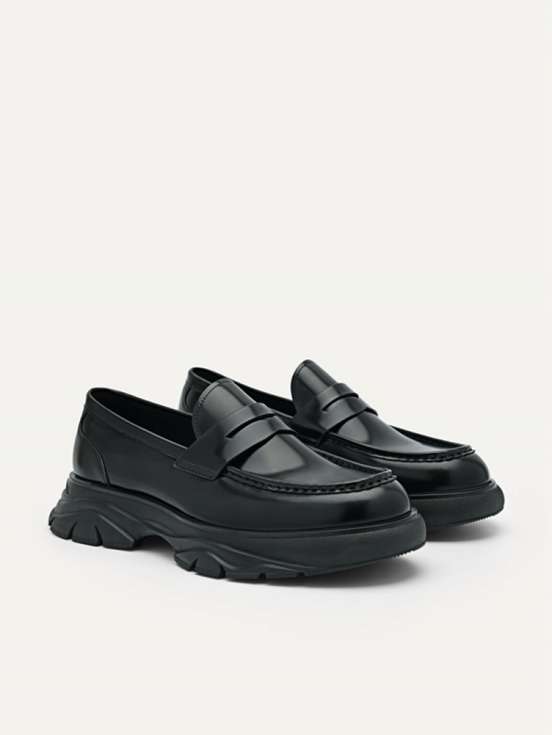 Black Men's Pedro Hybrix Leather Penny Loafers | EOWCHQ-064