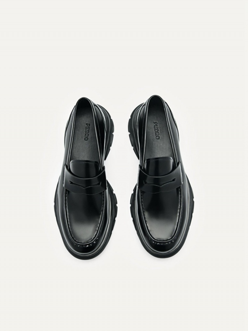 Black Men's Pedro Hybrix Leather Penny Loafers | EOWCHQ-064