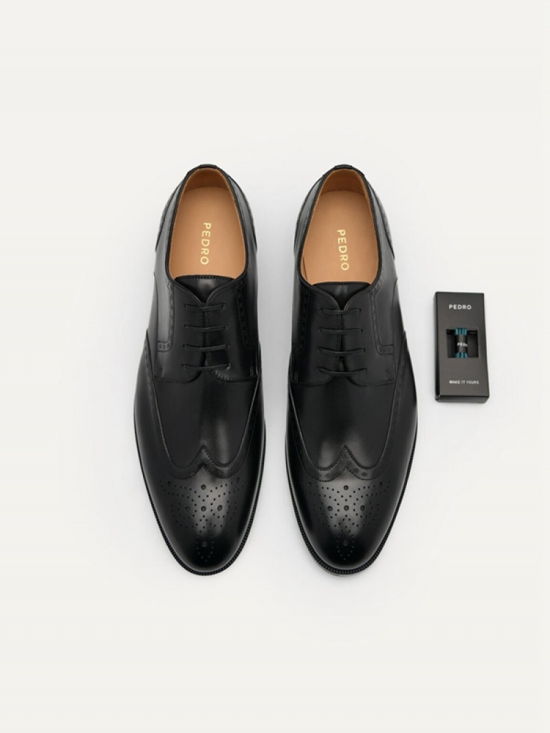 Black Men's Pedro Icon Leather Brogue Derby Shoes | UJDIBW-248