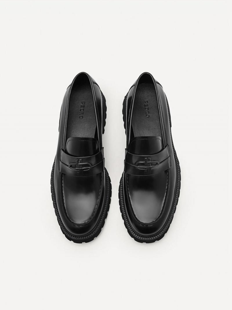 Black Men's Pedro Icon Leather Loafers | HFKTVQ-830