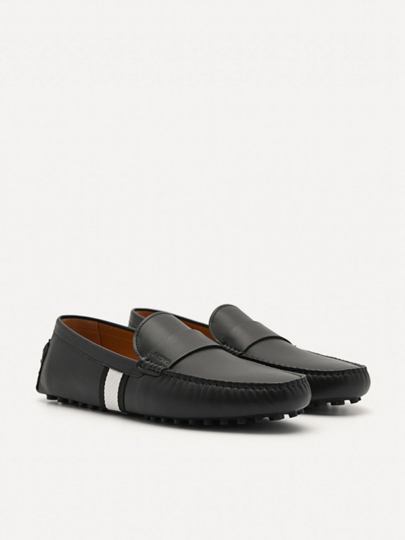 Black Men's Pedro Leather Band Moccasins | EQXSJT-256