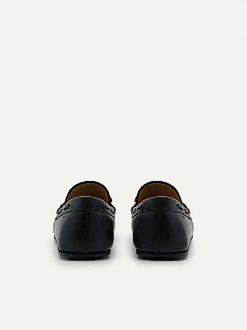 Black Men's Pedro Leather Bow Moccasins | NJHWDM-516