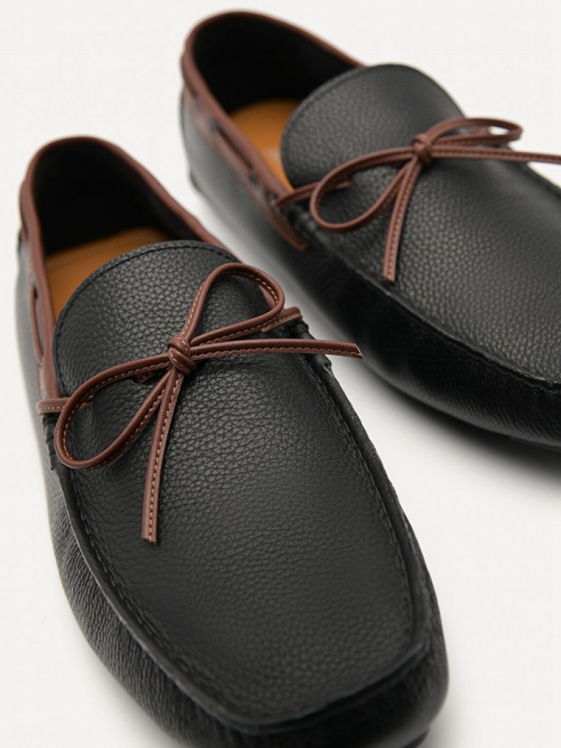 Black Men's Pedro Leather Bow Moccasins | CWVJPL-912