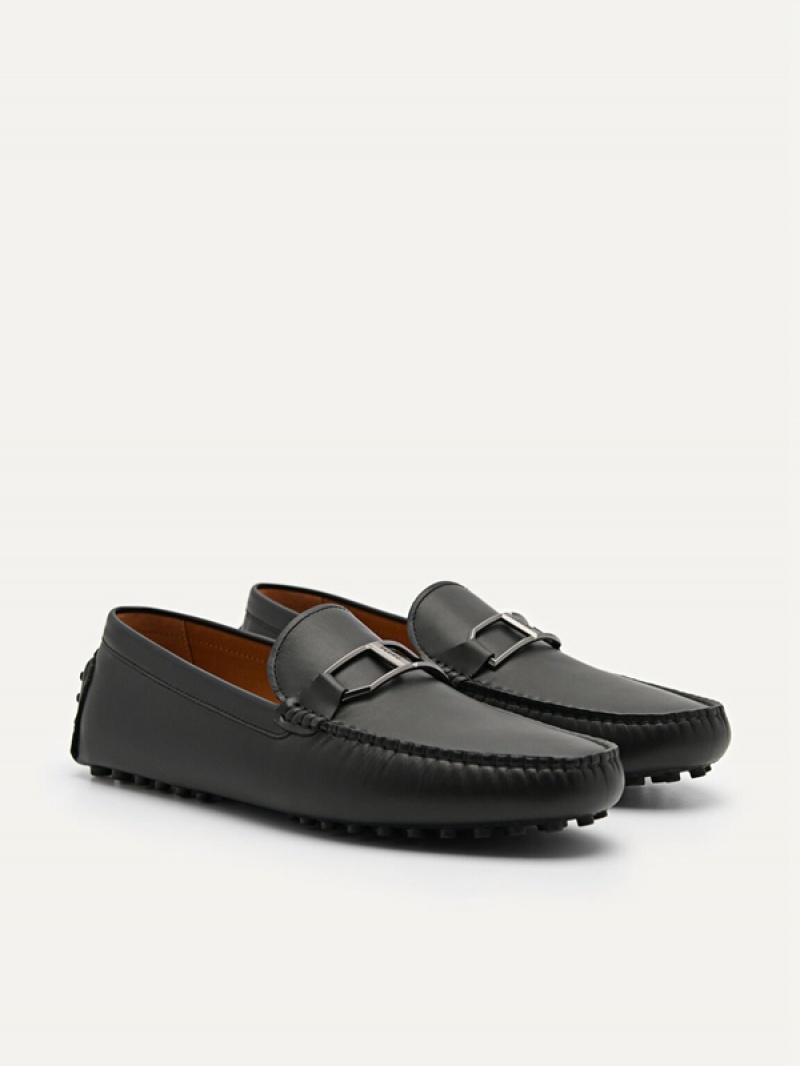 Black Men's Pedro Leather Buckle Moccasins | YIMPJB-162