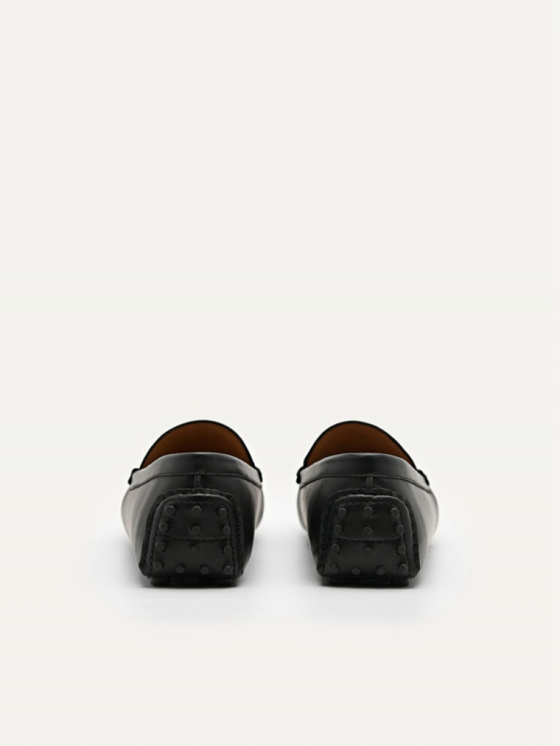 Black Men's Pedro Leather Buckle Moccasins | YIMPJB-162