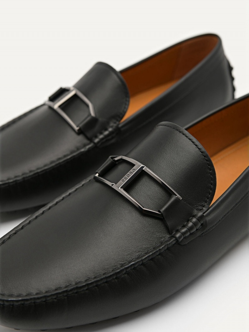 Black Men's Pedro Leather Buckle Moccasins | YIMPJB-162