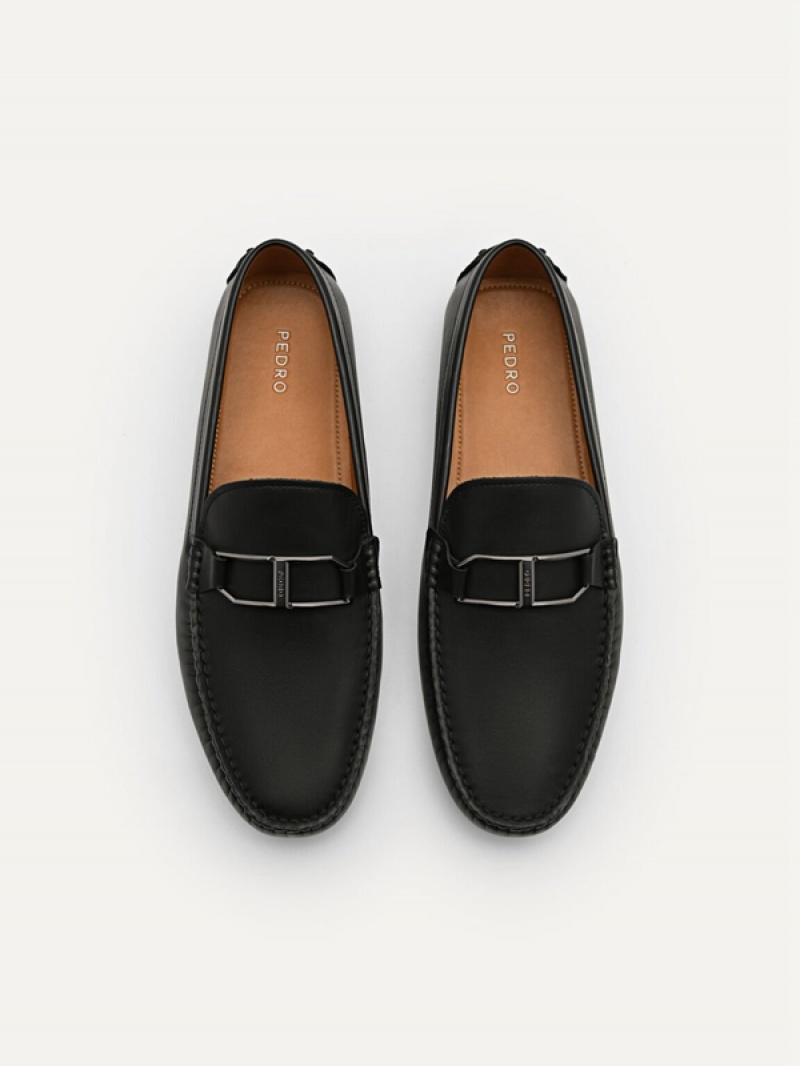 Black Men's Pedro Leather Buckle Moccasins | YIMPJB-162