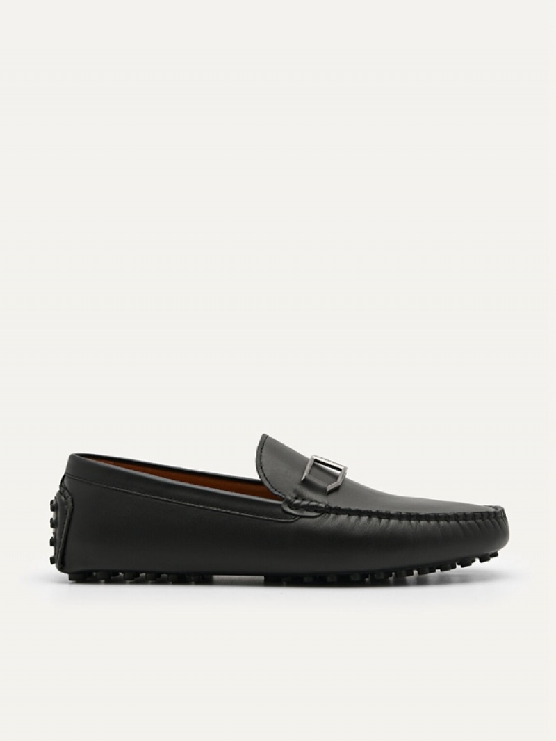 Black Men\'s Pedro Leather Buckle Moccasins | YIMPJB-162