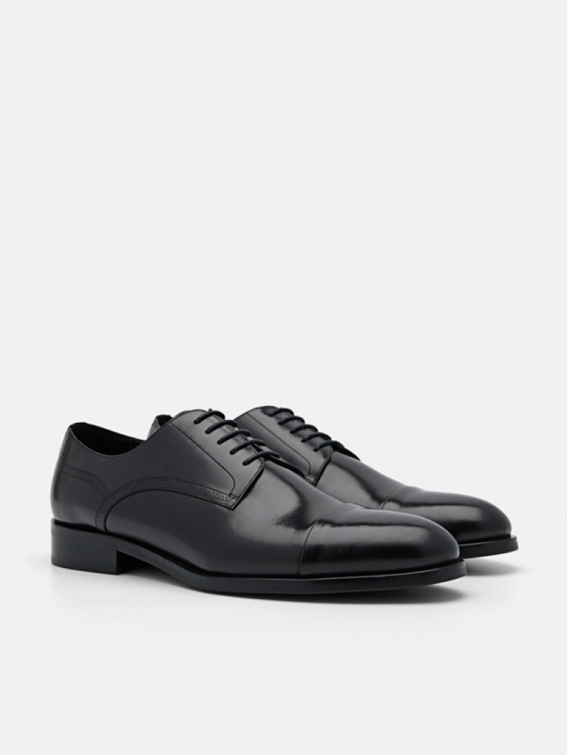 Black Men's Pedro Leather Cap Toe Derby Shoes | OCMGFQ-362