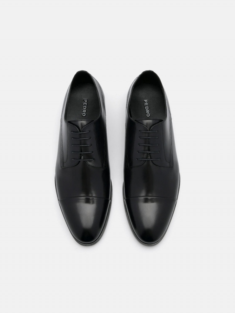 Black Men's Pedro Leather Cap Toe Derby Shoes | OCMGFQ-362