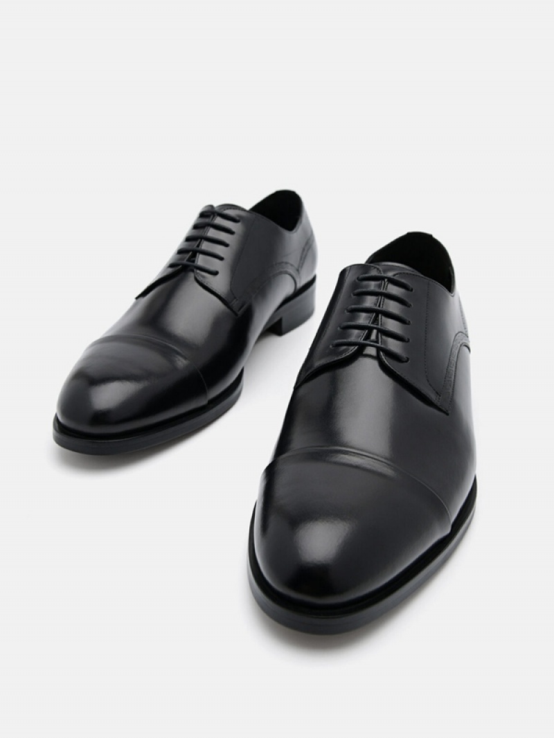 Black Men's Pedro Leather Cap Toe Derby Shoes | OCMGFQ-362