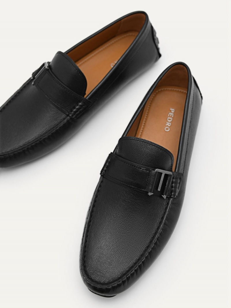 Black Men's Pedro Leather Driving Moccasins | FQETMA-635