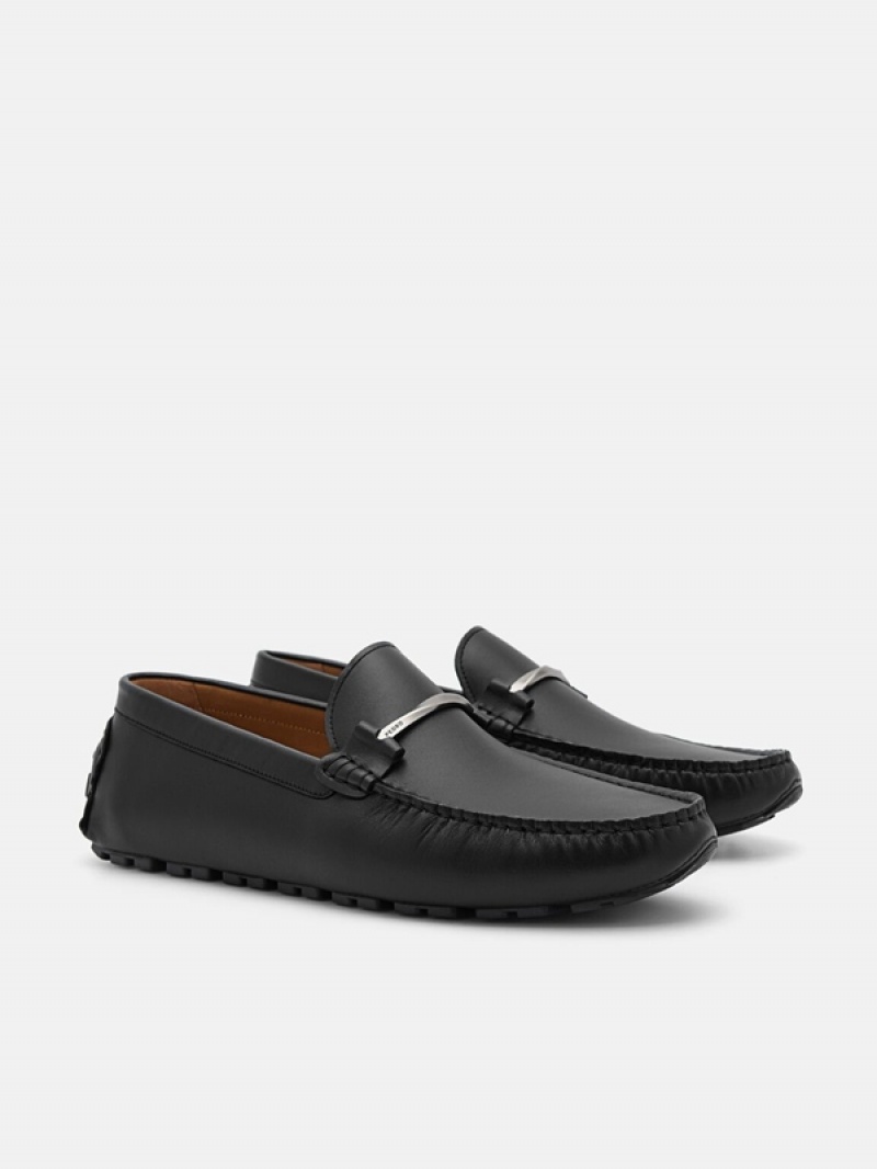 Black Men's Pedro Leather Horsebit Moccasins | TKXMFQ-731