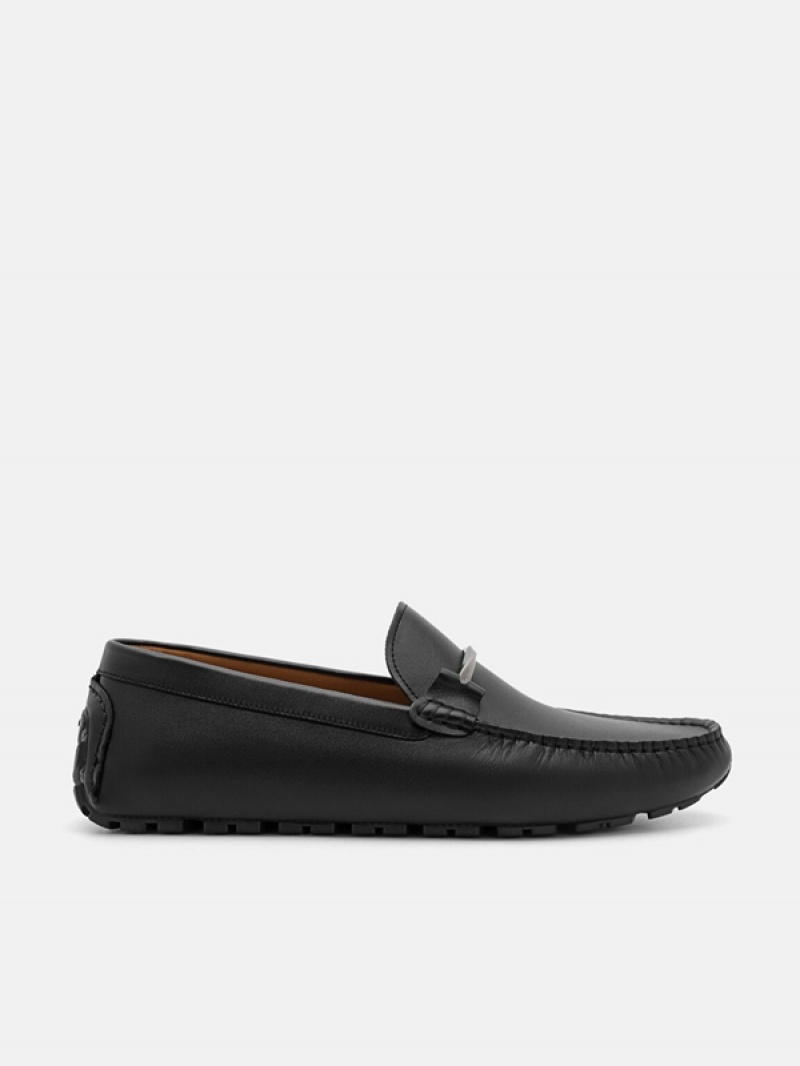 Black Men\'s Pedro Leather Horsebit Moccasins | TKXMFQ-731