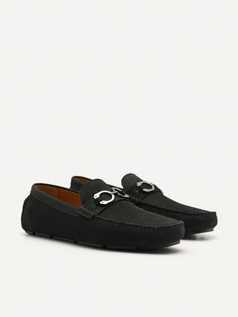 Black Men's Pedro Leather Horsebit Moccasins | KVYFHI-542