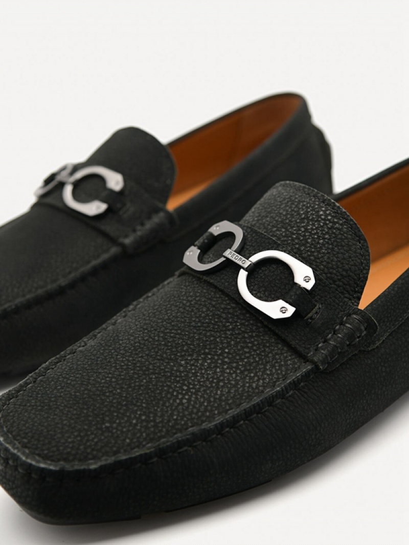 Black Men's Pedro Leather Horsebit Moccasins | KVYFHI-542