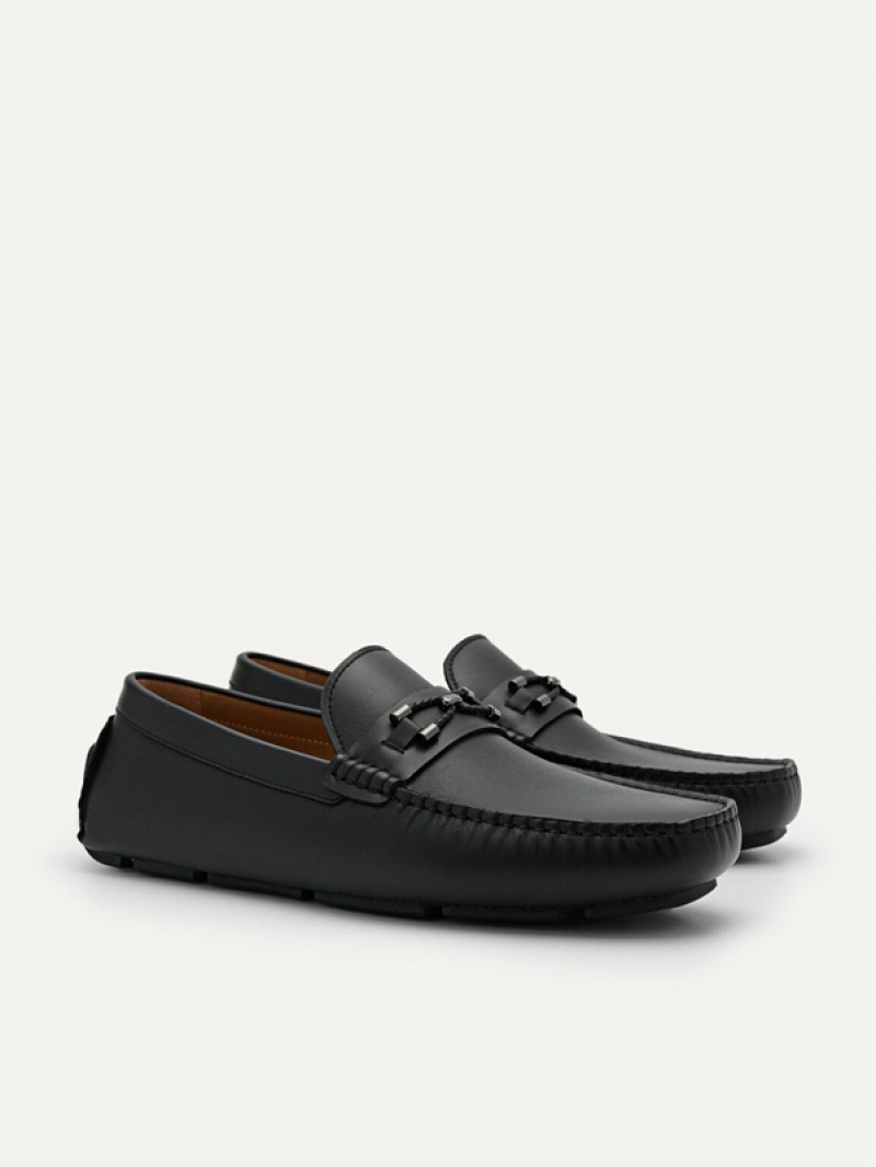 Black Men's Pedro Leather Horsebit Moccasins | EDZWXN-763