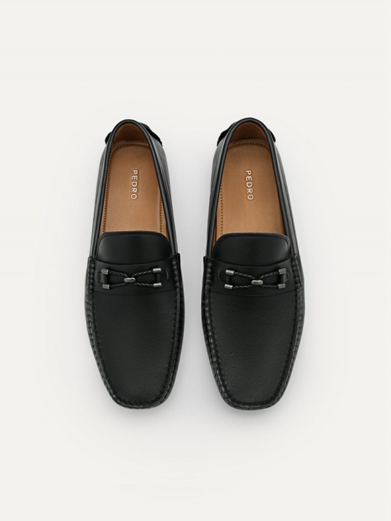 Black Men's Pedro Leather Horsebit Moccasins | EDZWXN-763