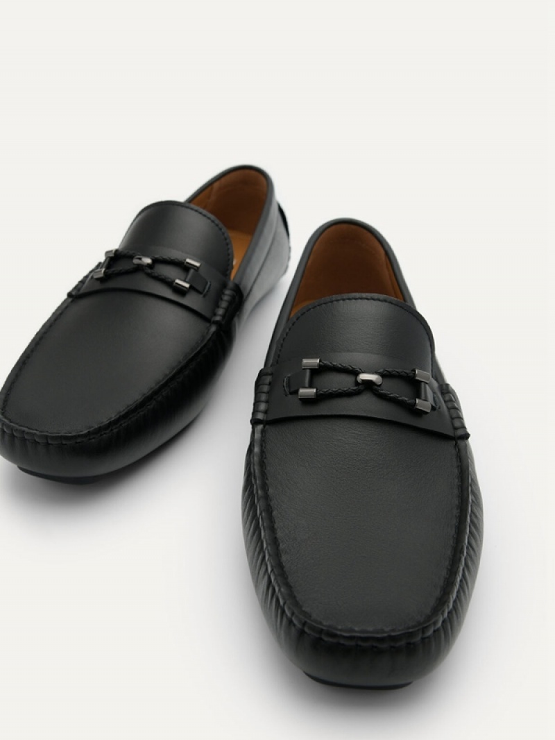 Black Men's Pedro Leather Horsebit Moccasins | EDZWXN-763