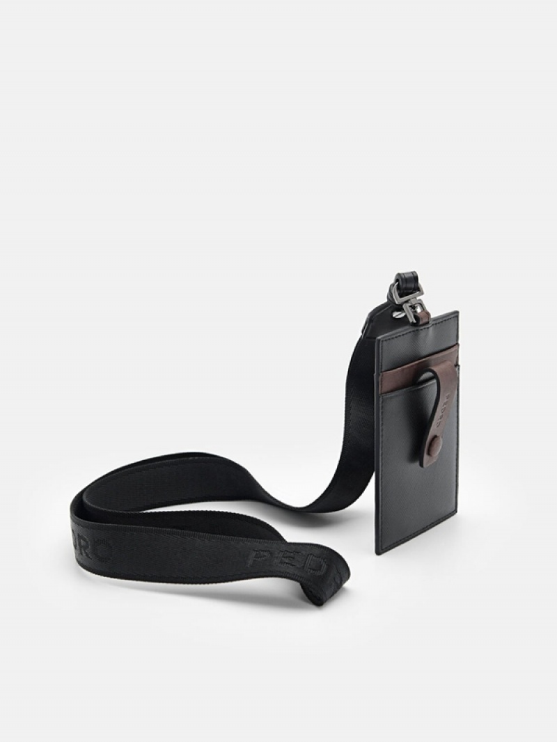 Black Men's Pedro Leather Lanyard Card Holder | YAIOTR-810