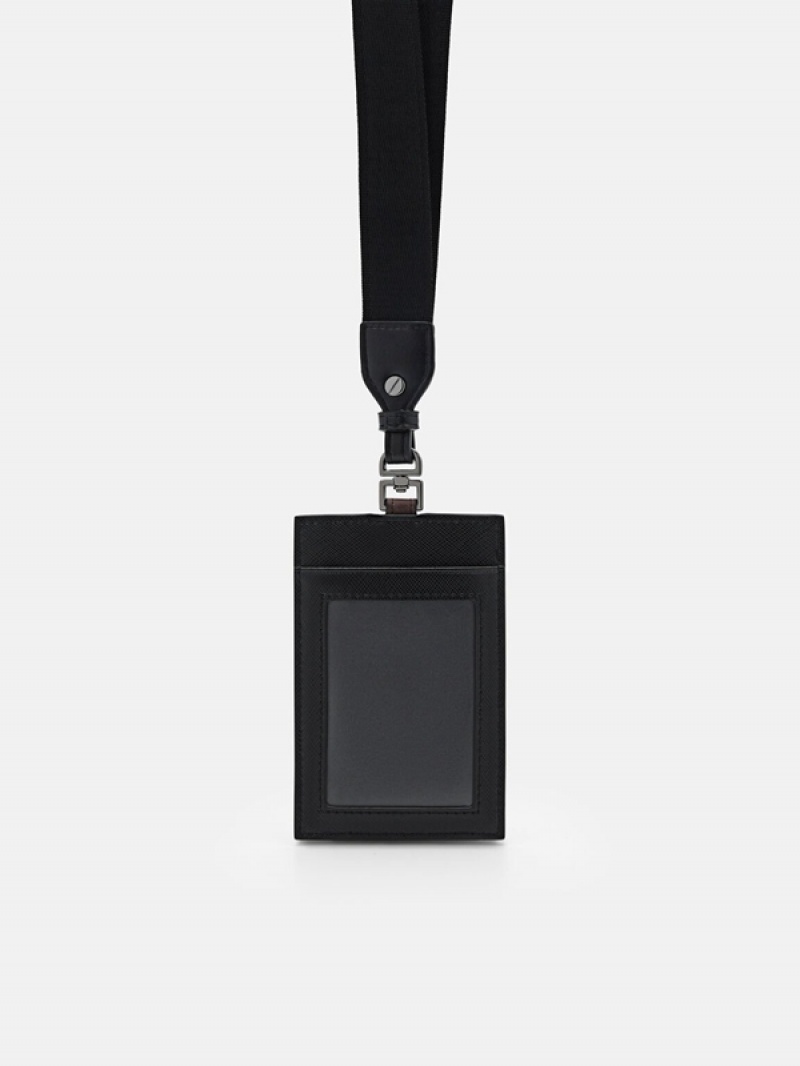 Black Men's Pedro Leather Lanyard Card Holder | YAIOTR-810